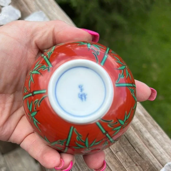Japanese Tachikichi Red and Green Bamboo Design Tea Bowl with lid. Vintage - Picture 4 of 5